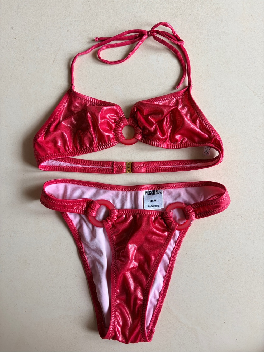 Moschino Shiny Fuchsia Ring-Detail Bikini Set